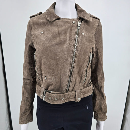 2010s Distressed [BLANKNYC] Cropped Suede French Taupe Moto Jacket (Small)