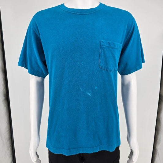 Distressed Vintage 1990s Jockey Made in USA Blank Teal Pocket T-Shirt (L)