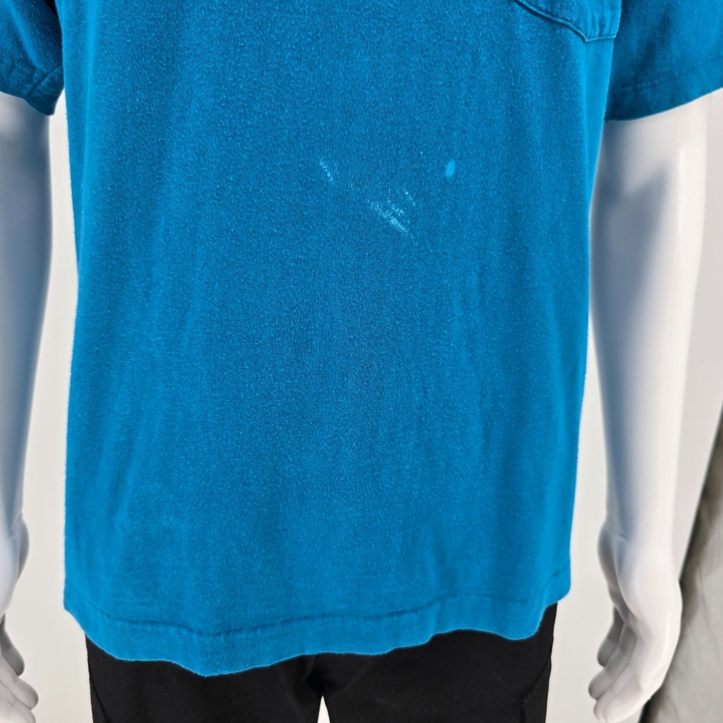 Distressed Vintage 1990s Jockey Made in USA Blank Teal Pocket T-Shirt (L)