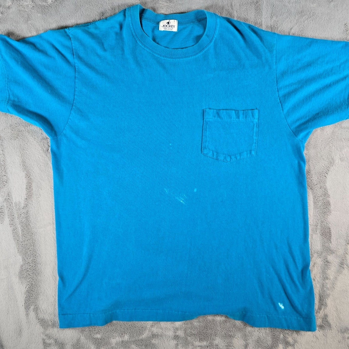 Distressed Vintage 1990s Jockey Made in USA Blank Teal Pocket T-Shirt (L)