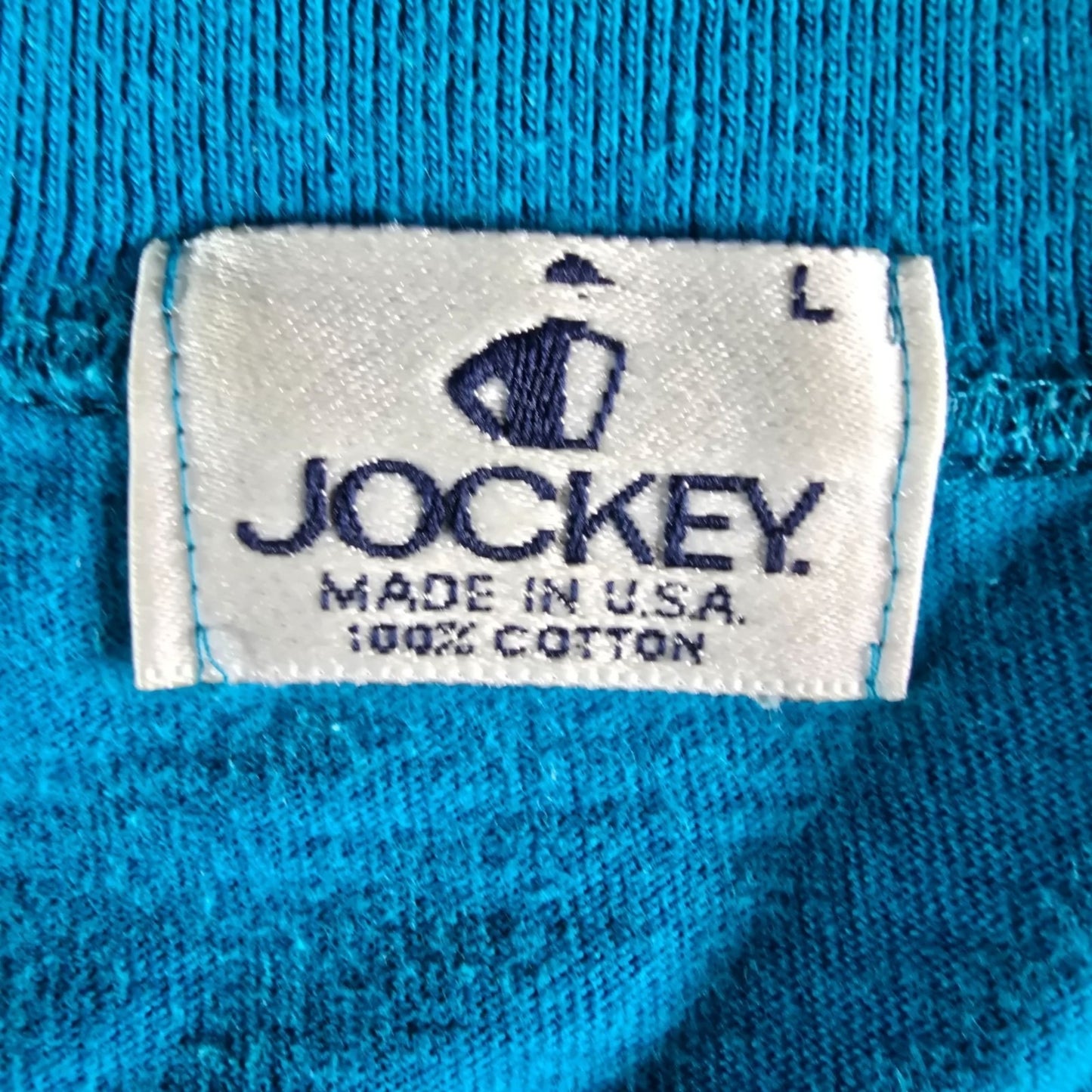 Distressed Vintage 1990s Jockey Made in USA Blank Teal Pocket T-Shirt (L)