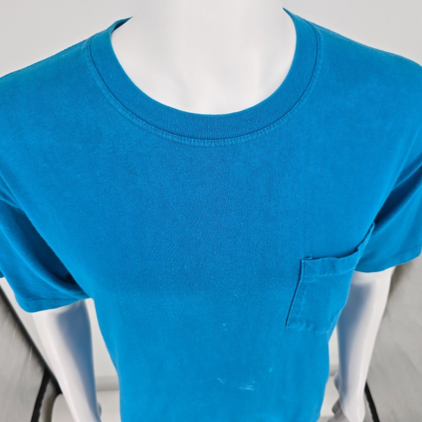 Distressed Vintage 1990s Jockey Made in USA Blank Teal Pocket T-Shirt (L)