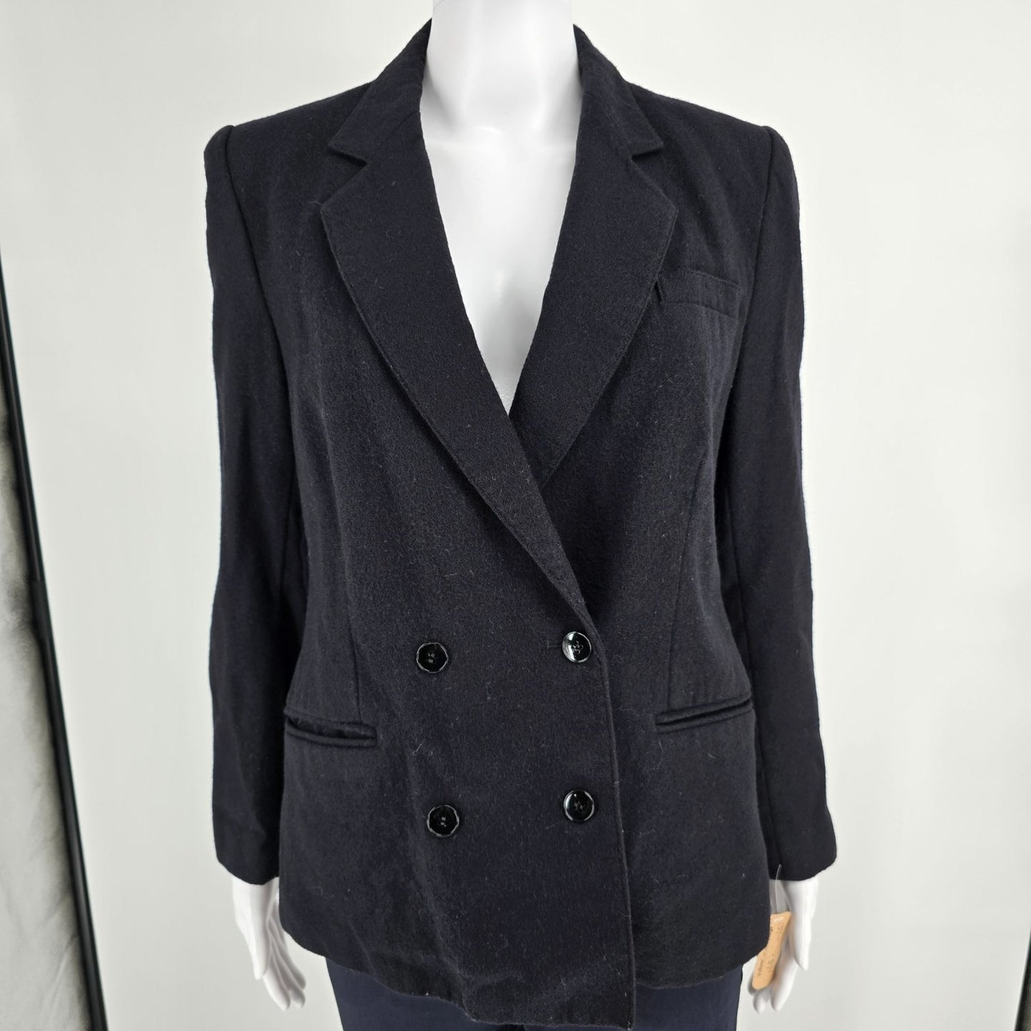 Vintage 1980s Haberdasher Women's Black Double-Breasted Wool Blazer (Small)