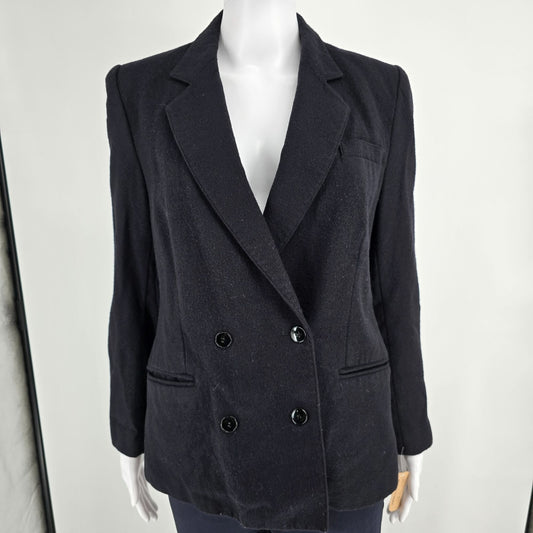 Vintage 1980s Haberdasher Women's Black Double-Breasted Wool Blazer (Small)