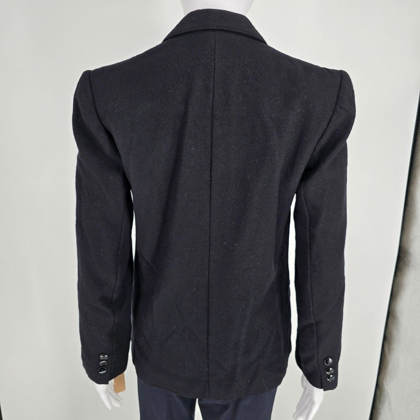 Vintage 1980s Haberdasher Women's Black Double-Breasted Wool Blazer (Small)