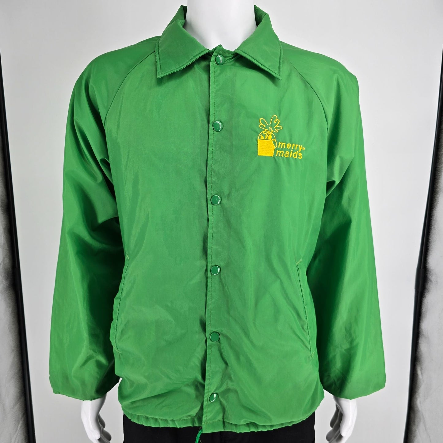 Vintage 1990s Merry Maids Green Nylon Satin Snap Front Coach Jacket (L)