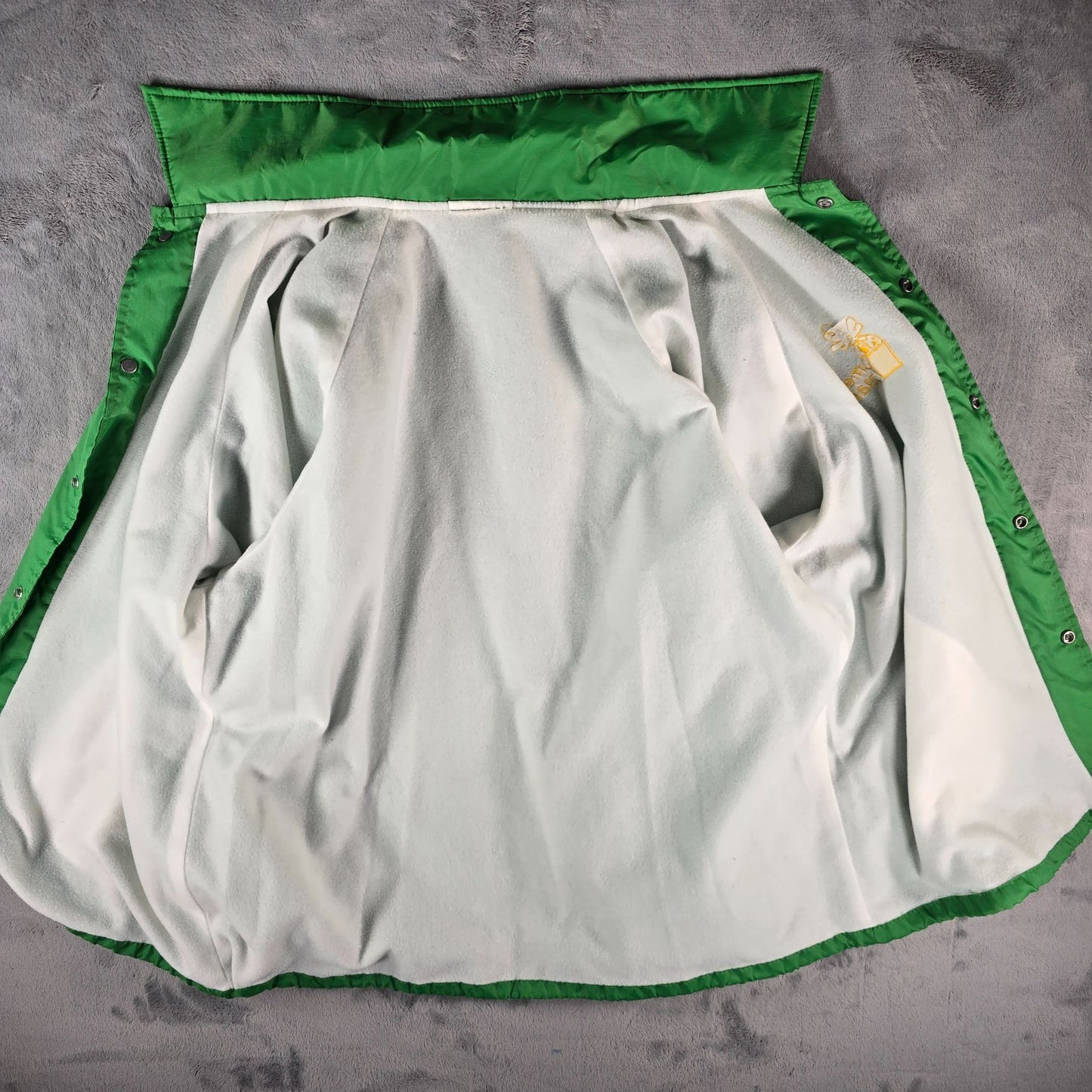 Vintage 1990s Merry Maids Green Nylon Satin Snap Front Coach Jacket (L)