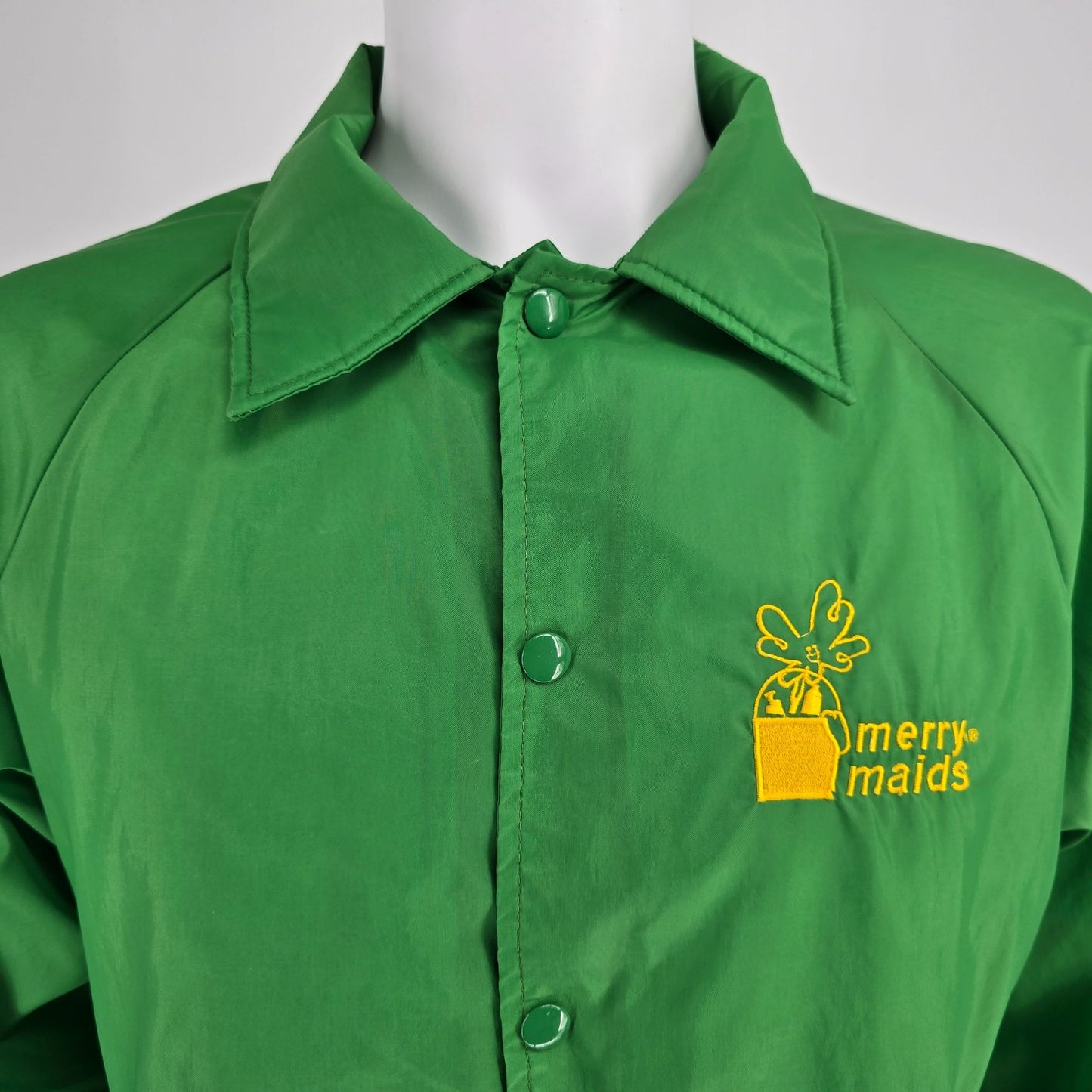 Vintage 1990s Merry Maids Green Nylon Satin Snap Front Coach Jacket (L)