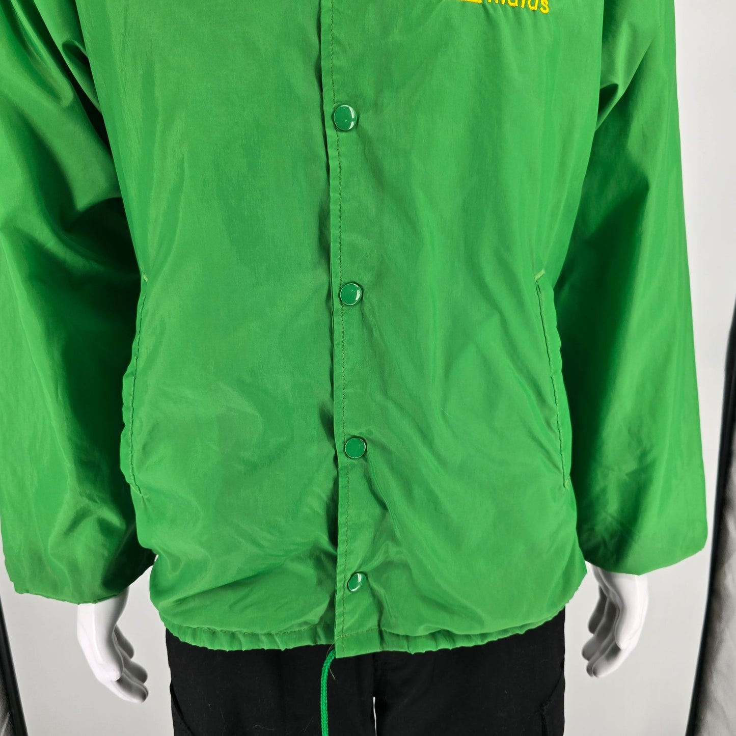 Vintage 1990s Merry Maids Green Nylon Satin Snap Front Coach Jacket (L)