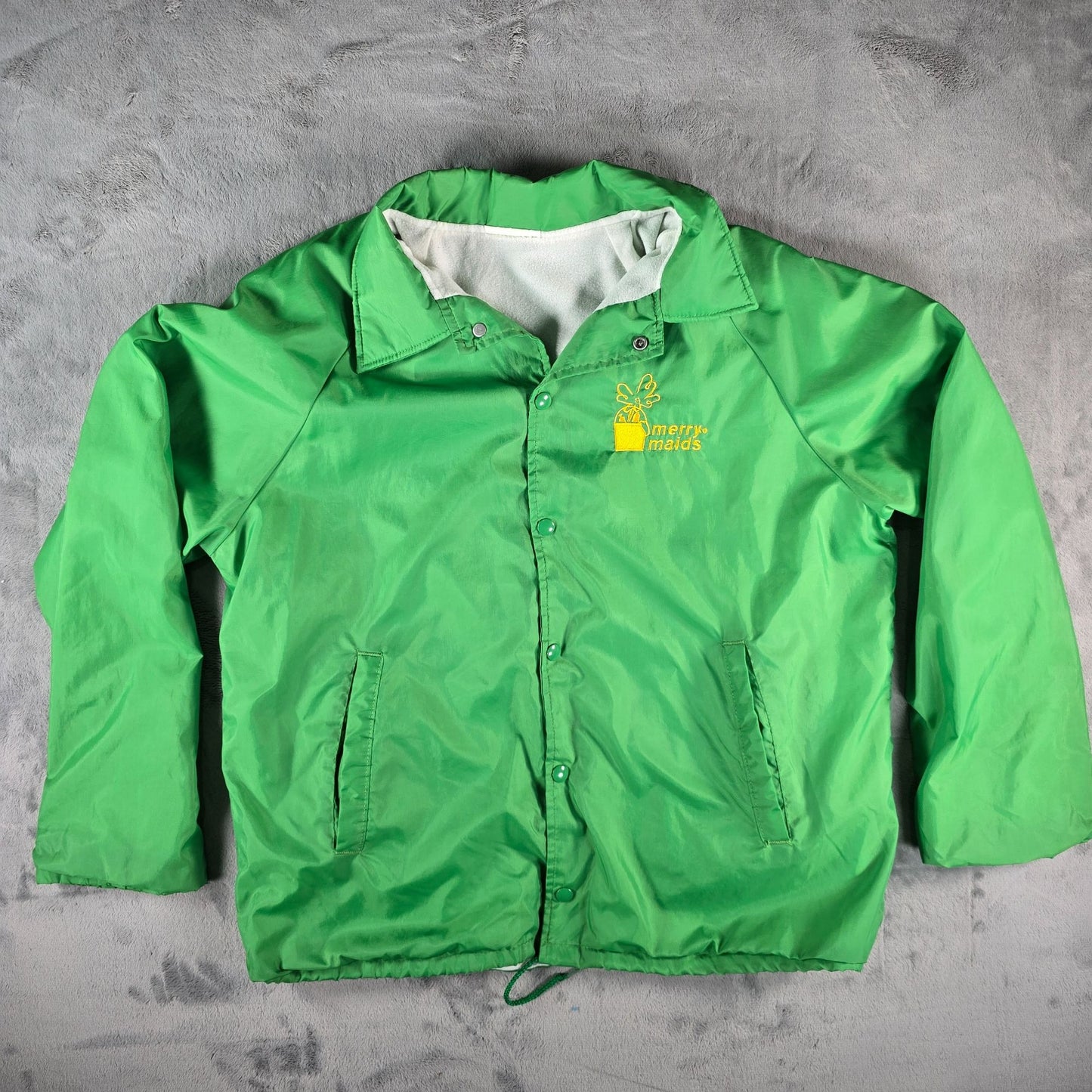 Vintage 1990s Merry Maids Green Nylon Satin Snap Front Coach Jacket (L)