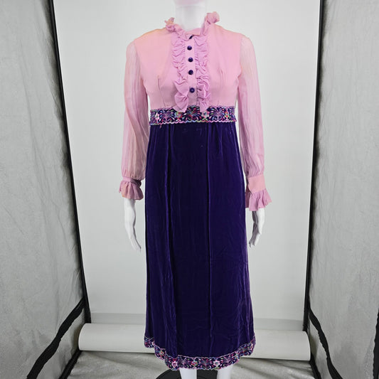 Distressed Vintage 1970s Pink Chiffon/Purple Velvet Metal Zip Empire Dress (XS)