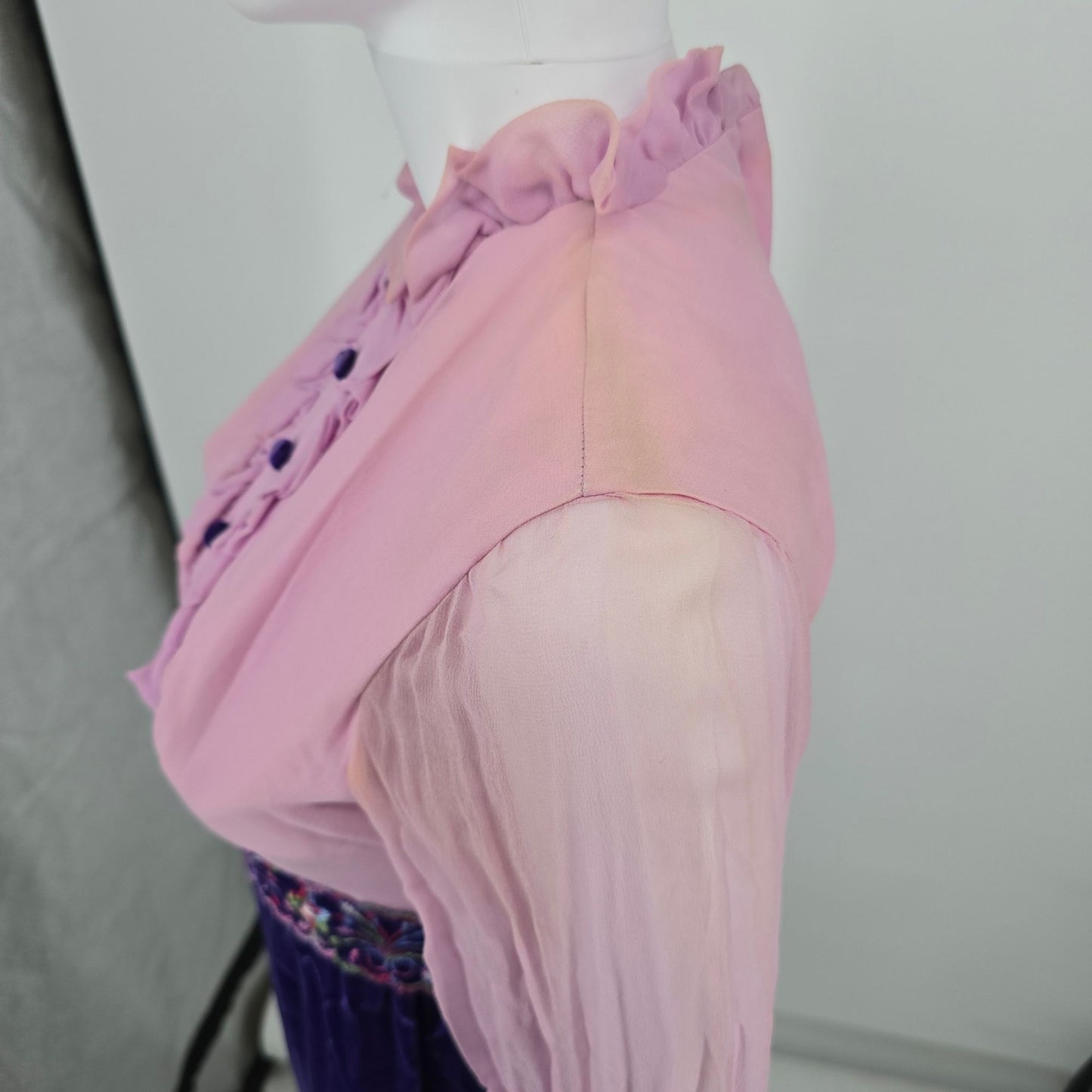 Distressed Vintage 1970s Pink Chiffon/Purple Velvet Metal Zip Empire Dress (XS)
