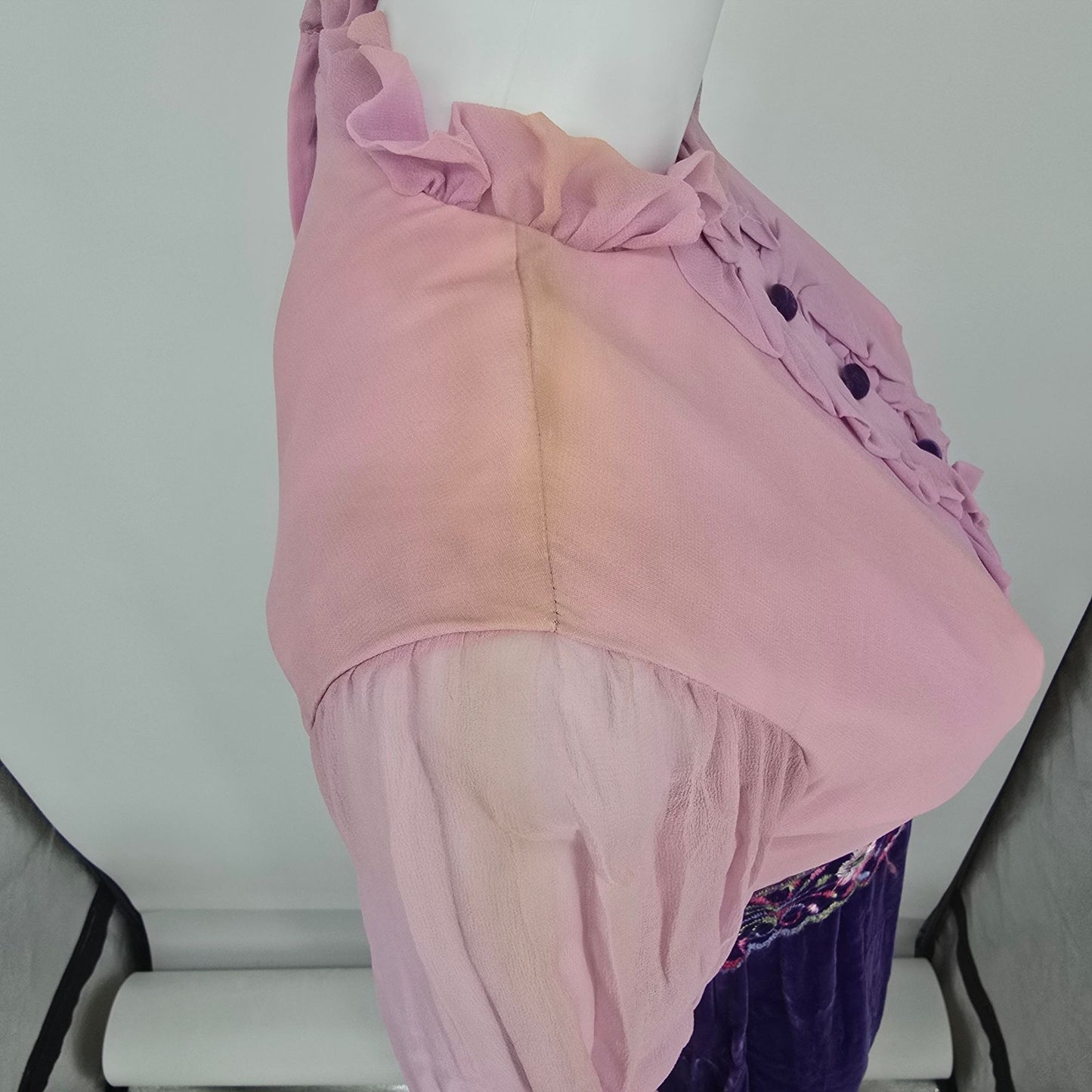 Distressed Vintage 1970s Pink Chiffon/Purple Velvet Metal Zip Empire Dress (XS)