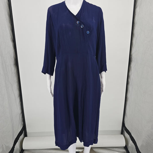 Vintage 1940s Navy Semi-Sheer Ribbed Crepe Long Sleeve V-Neck Day Dress (L)