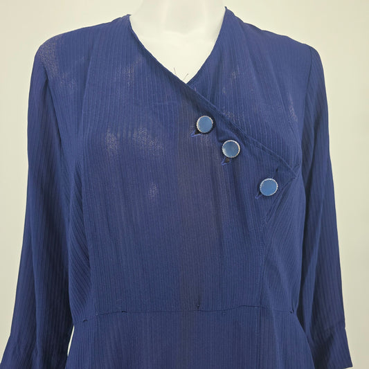 Vintage 1940s Navy Semi-Sheer Ribbed Crepe Long Sleeve V-Neck Day Dress (L)