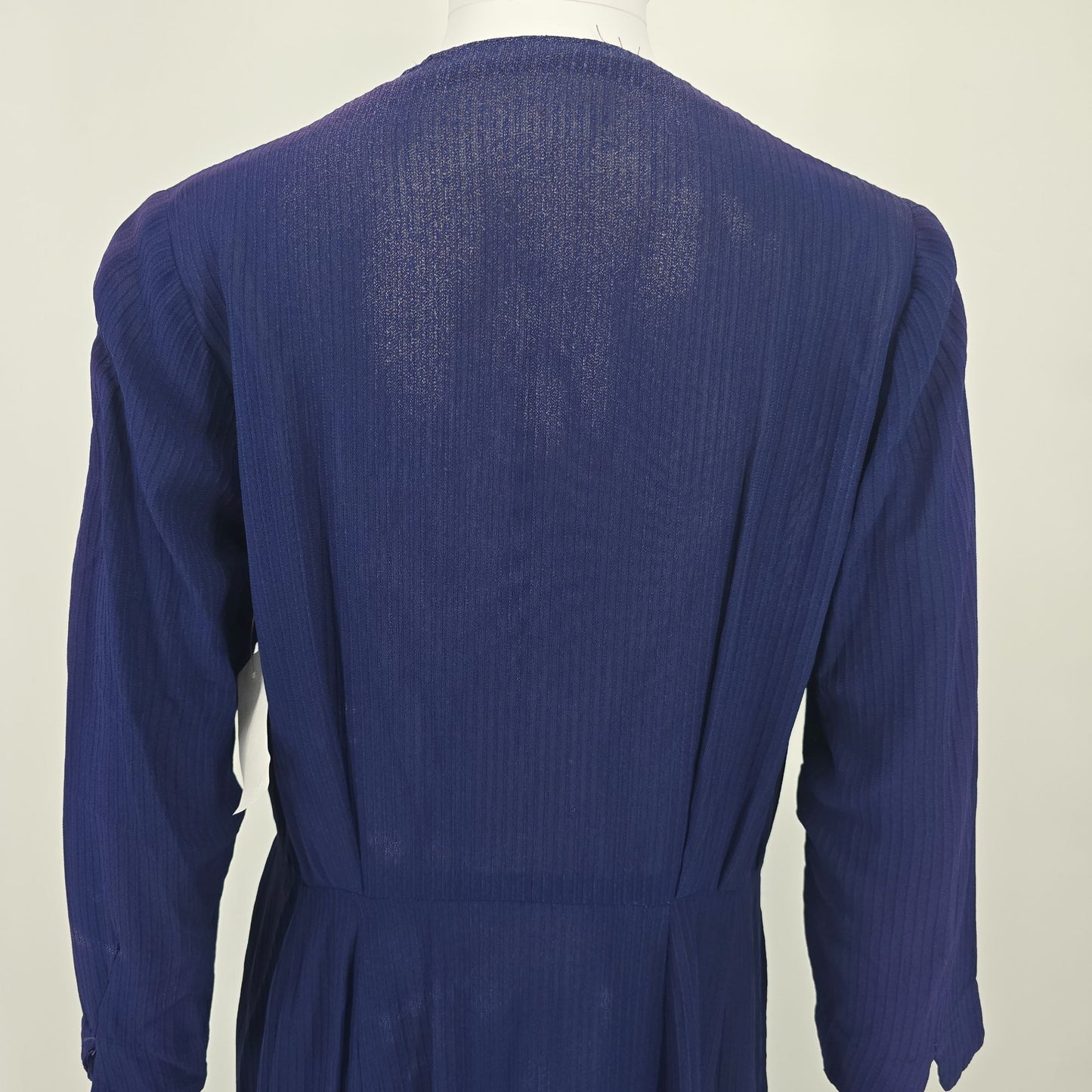 Vintage 1940s Navy Semi-Sheer Ribbed Crepe Long Sleeve V-Neck Day Dress (L)