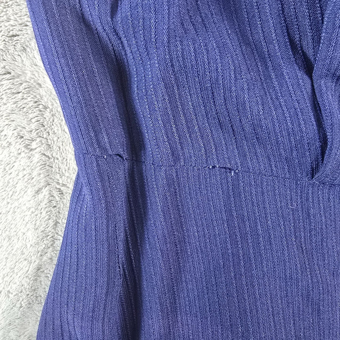 Vintage 1940s Navy Semi-Sheer Ribbed Crepe Long Sleeve V-Neck Day Dress (L)