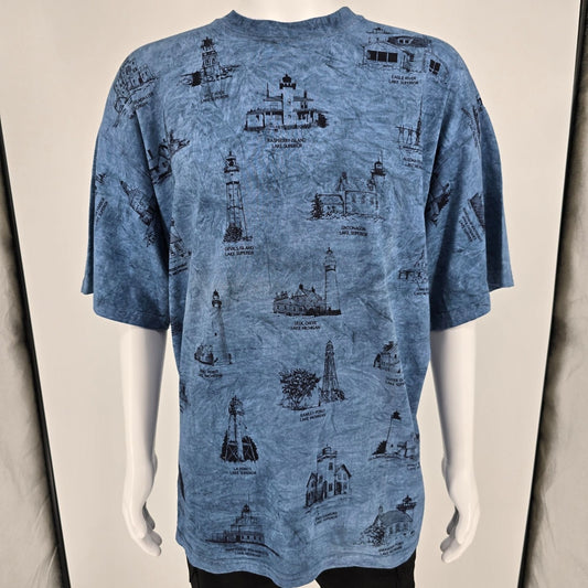 Vintage Deadstock 1990s Art Unlimited Great Lakes Lighthouses AOP T-Shirt (XXL)