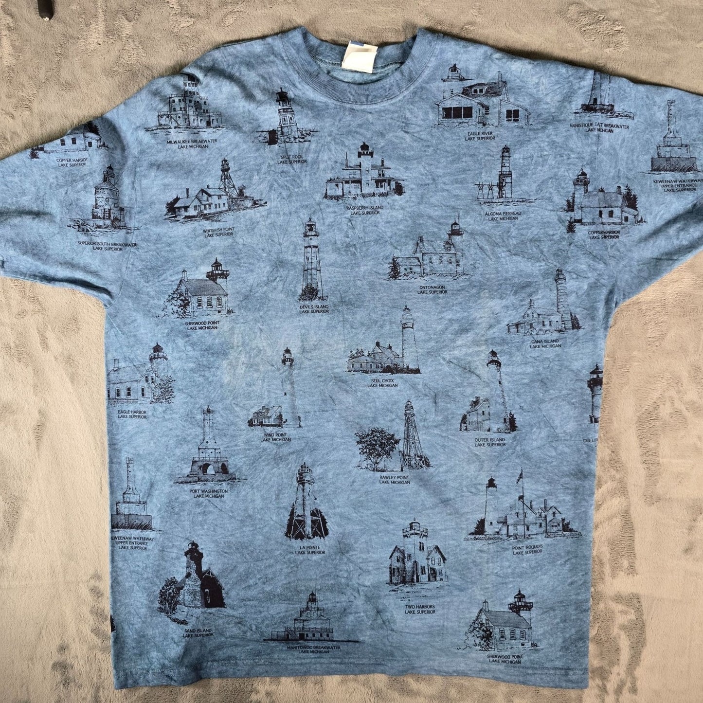 Vintage Deadstock 1990s Art Unlimited Great Lakes Lighthouses AOP T-Shirt (XXL)