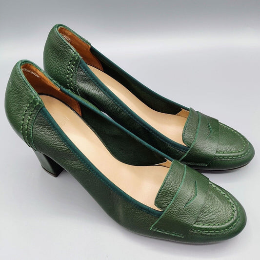 Ancarani Made in Spain Green Leather Womens Block Heel Loafers Size 35 (US 4.5)
