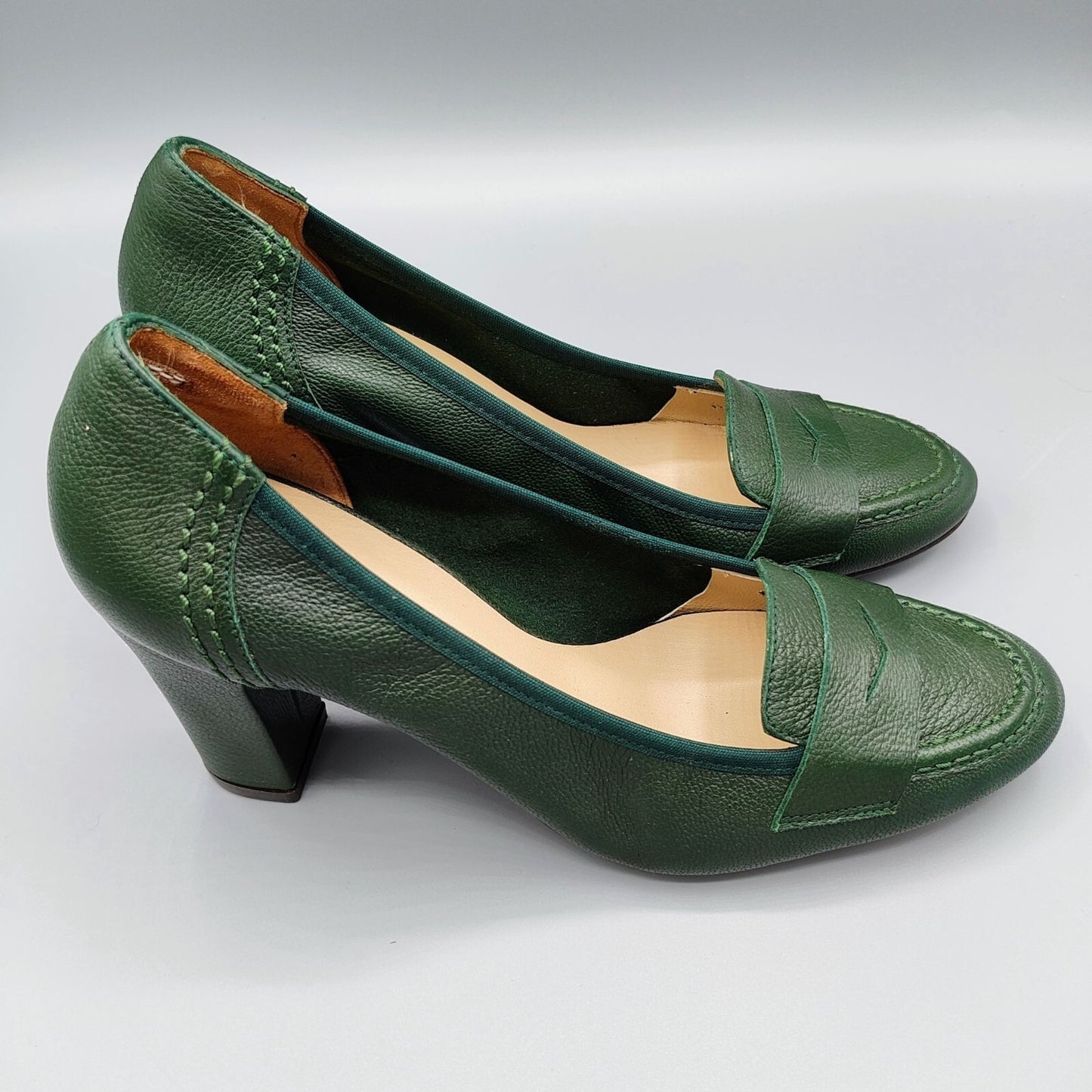 Ancarani Made in Spain Green Leather Womens Block Heel Loafers Size 35 (US 4.5)