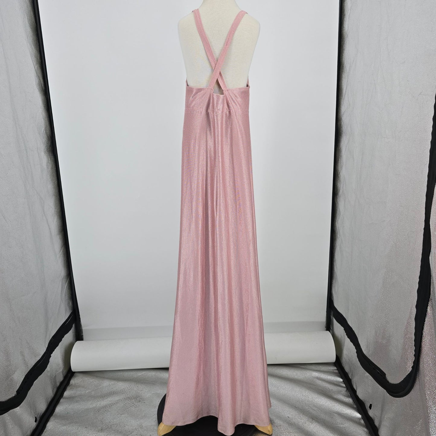 Vintage 1970s Shimmery Rose Gold Crisscross Strap Disco Maxi Dress (XXS) *Flaws