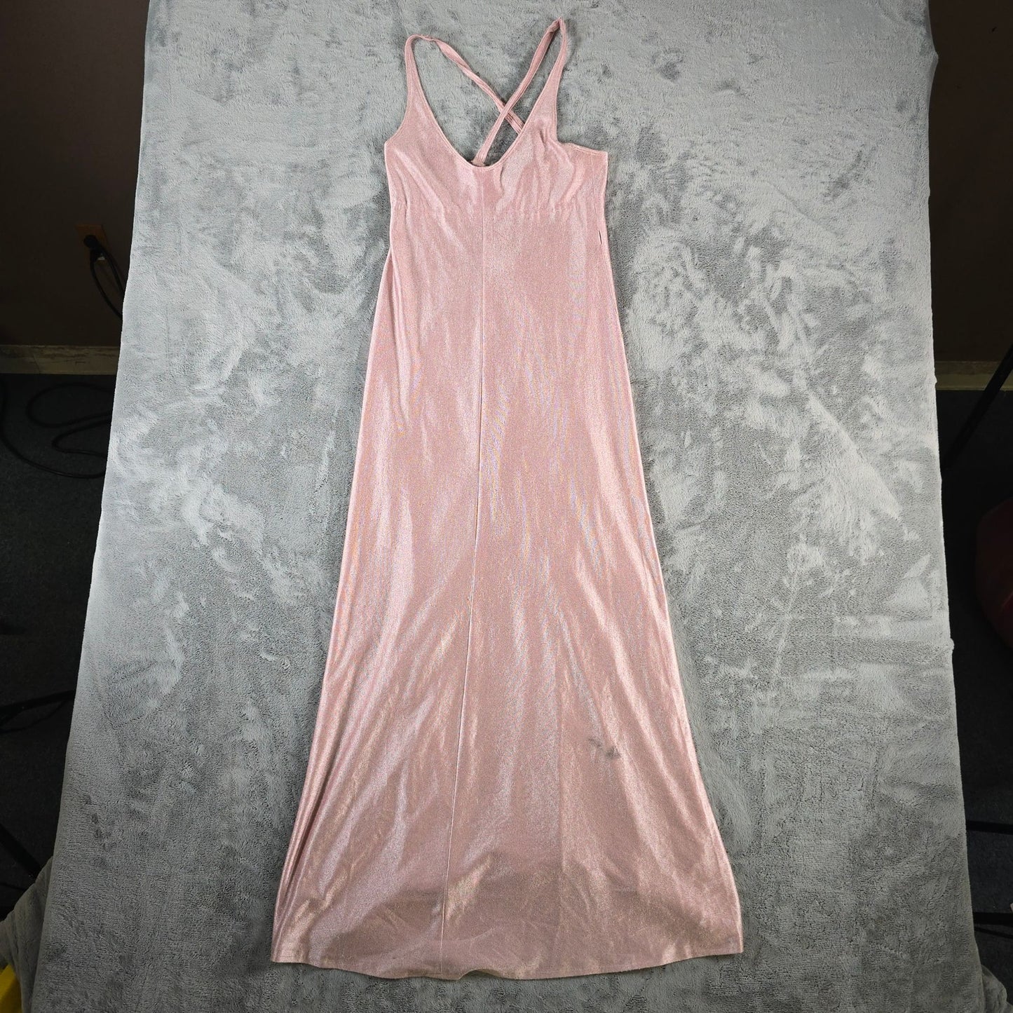 Vintage 1970s Shimmery Rose Gold Crisscross Strap Disco Maxi Dress (XXS) *Flaws