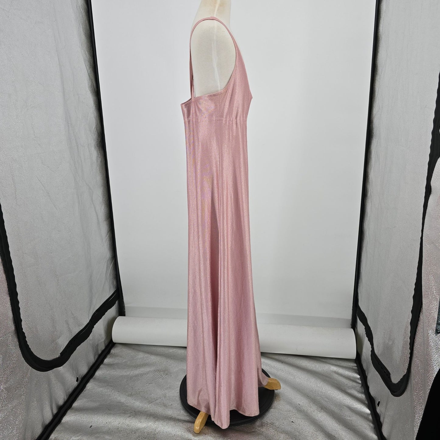 Vintage 1970s Shimmery Rose Gold Crisscross Strap Disco Maxi Dress (XXS) *Flaws