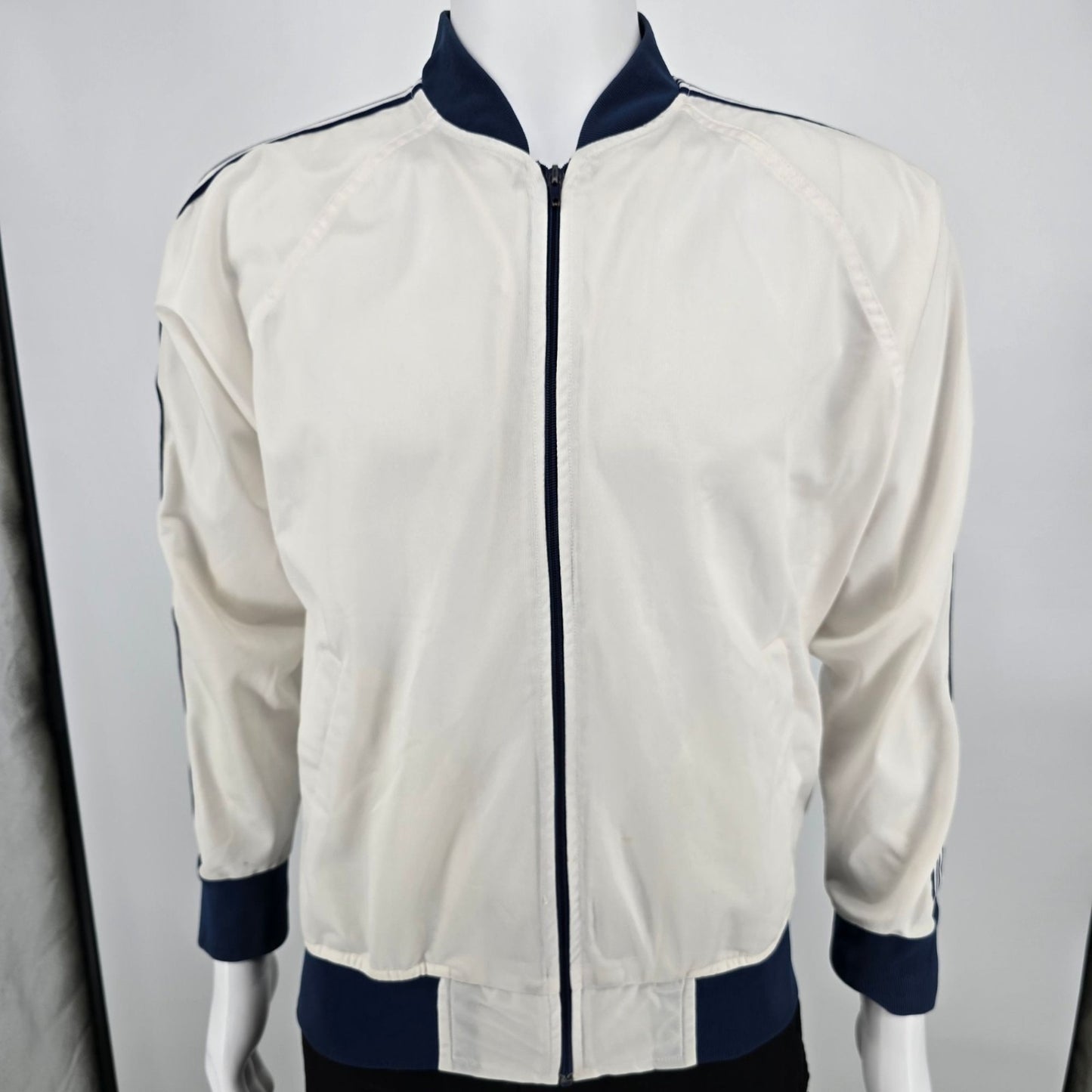 Vintage 1980s Winning Ways White/Navy Polyester Tricot Tennis Jacket (M)