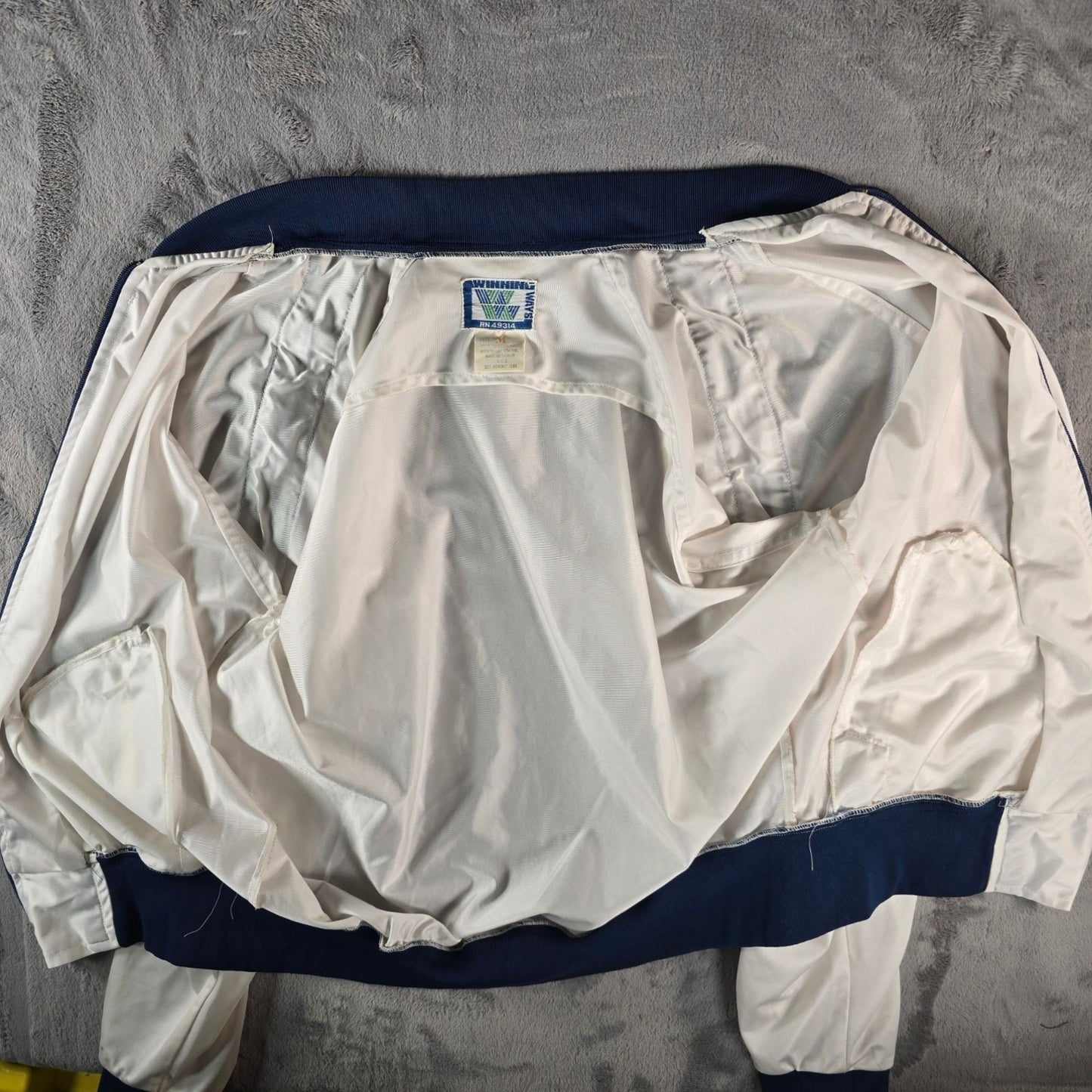 Vintage 1980s Winning Ways White/Navy Polyester Tricot Tennis Jacket (M)