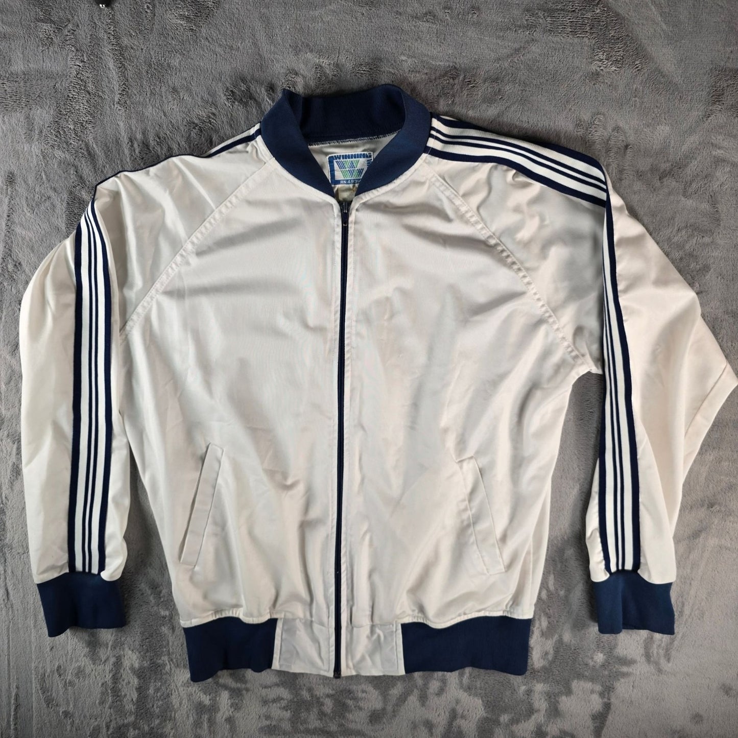 Vintage 1980s Winning Ways White/Navy Polyester Tricot Tennis Jacket (M)