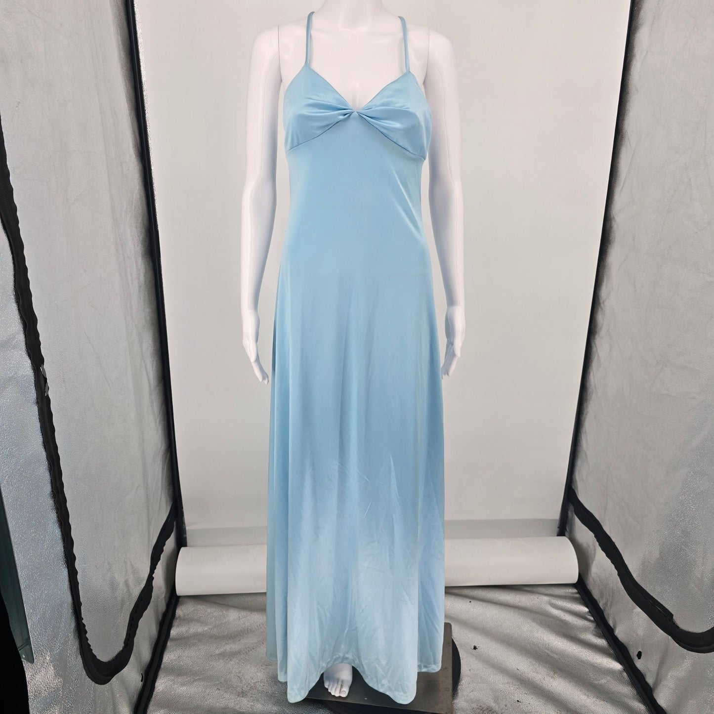Vintage 1970s Luv Powder Blue Grecian Twist Front Slip Gown/Evening Dress (XS)