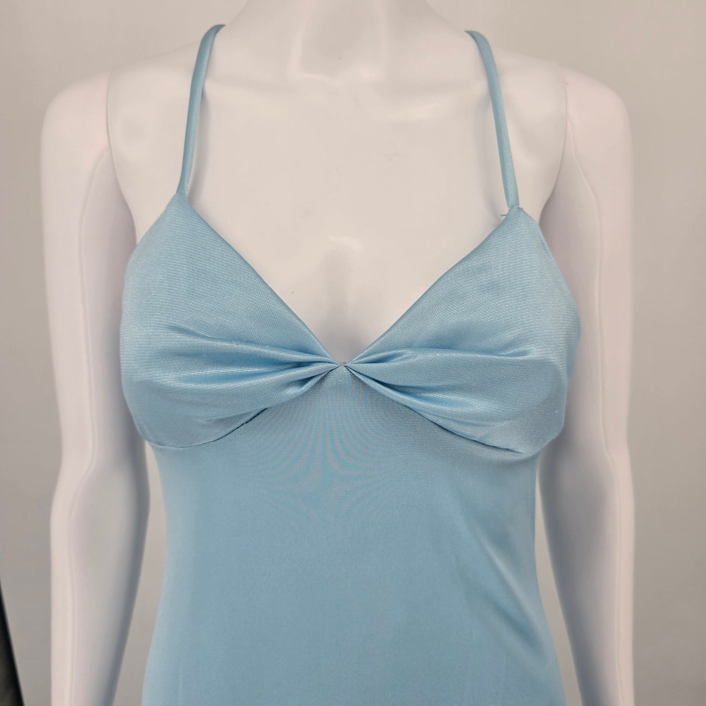 Vintage 1970s Luv Powder Blue Grecian Twist Front Slip Gown/Evening Dress (XS)