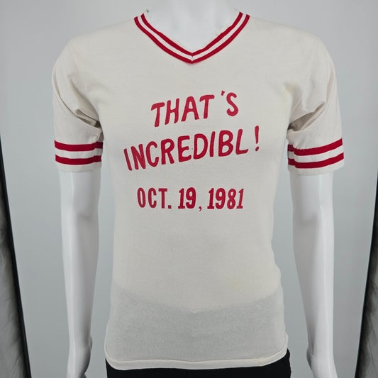 Vintage 1981 "That's Incredibl"/Fire-Safe AD-108 Promo V-Neck Ringer T-Shirt (L)