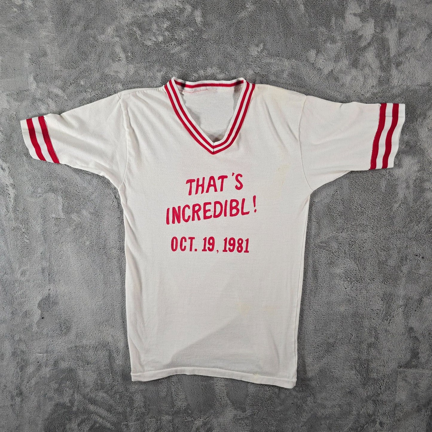 Vintage 1981 "That's Incredibl"/Fire-Safe AD-108 Promo V-Neck Ringer T-Shirt (L)
