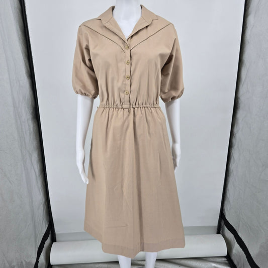 Vintage 1970s Toni Todd Khaki Elastic Waist Union Made Shirtwaist Midi Dress (M)