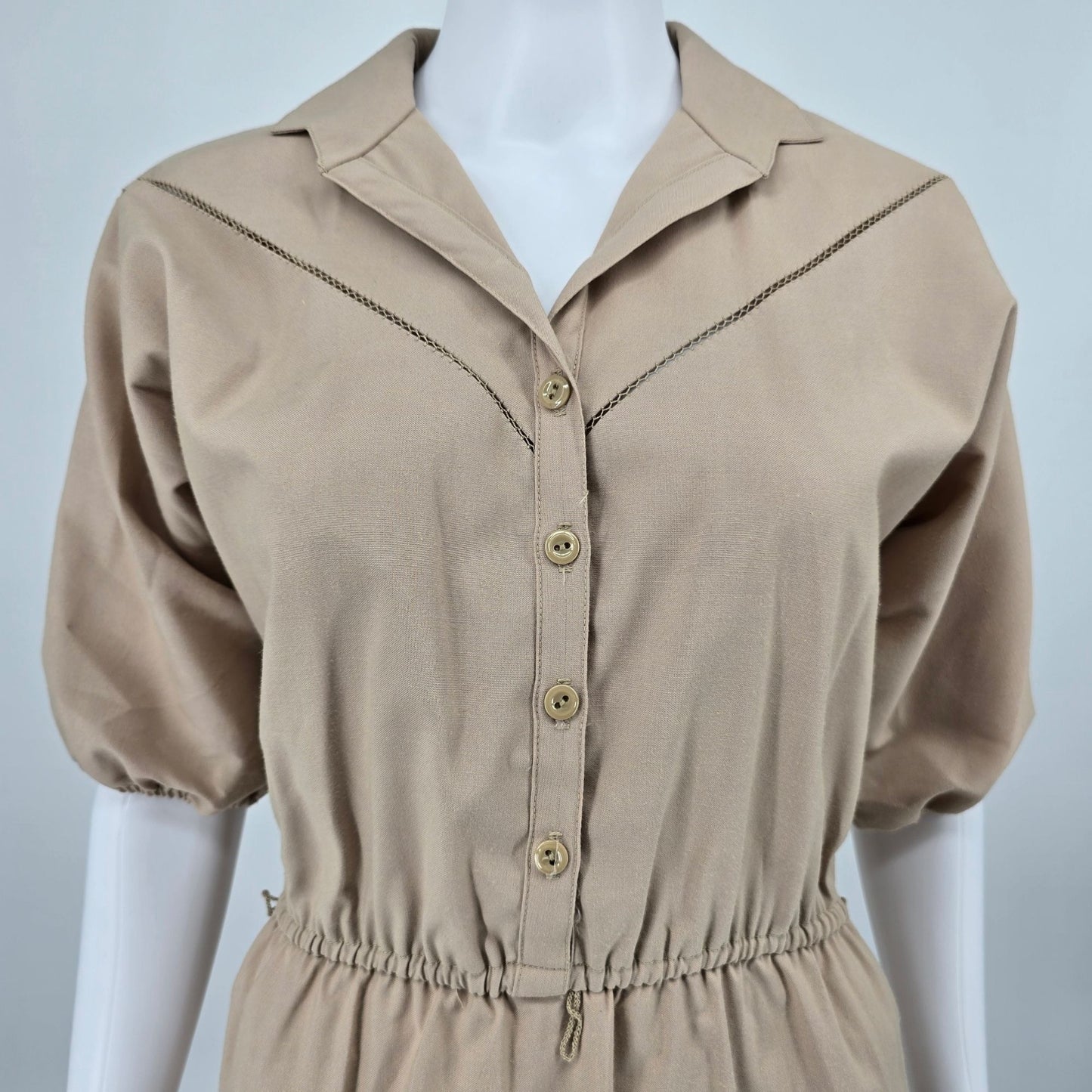 Vintage 1970s Toni Todd Khaki Elastic Waist Union Made Shirtwaist Midi Dress (M)