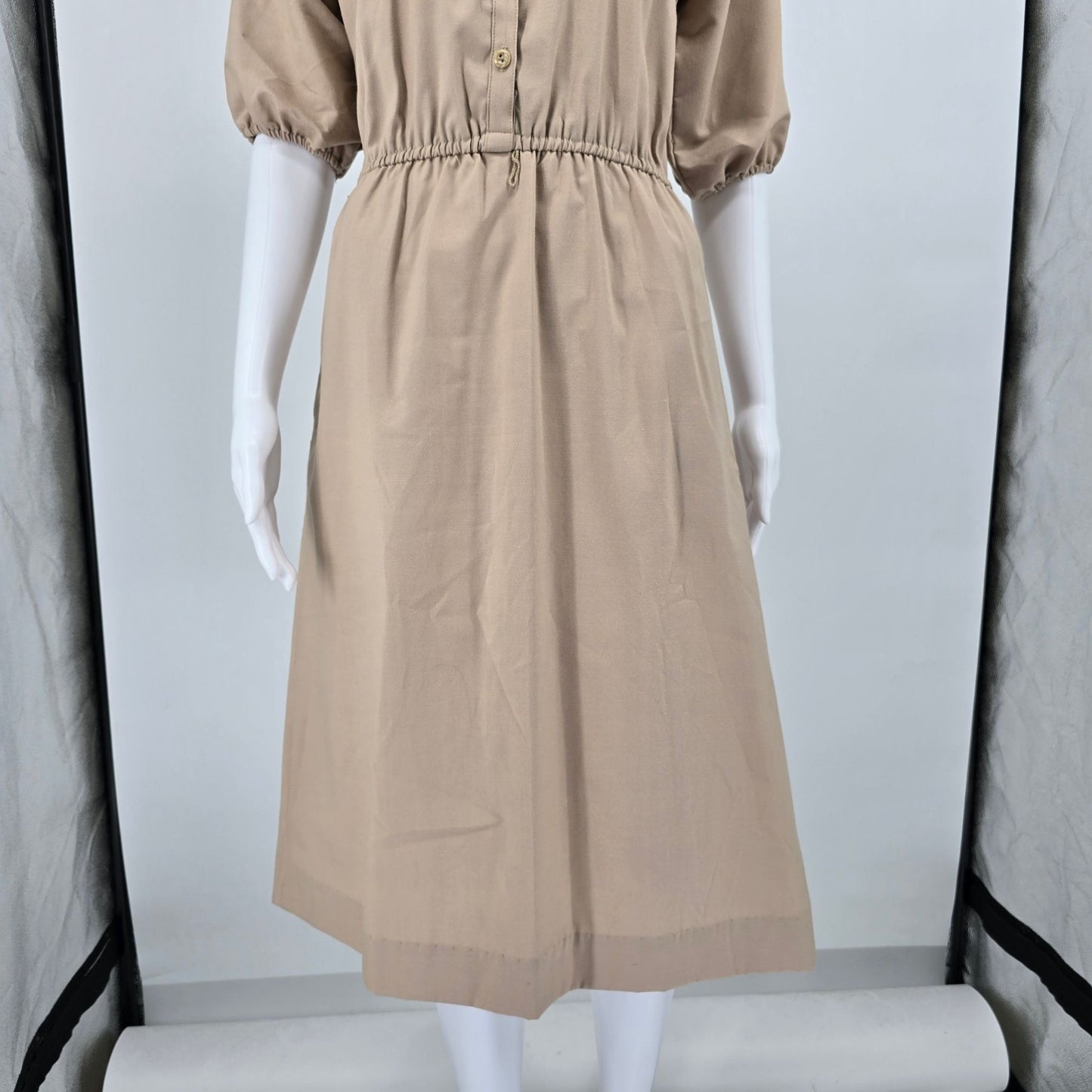 Vintage 1970s Toni Todd Khaki Elastic Waist Union Made Shirtwaist Midi Dress (M)