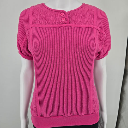 Vintage 1980s Presentation Pink Mixed Knit Short Sleeve Pullover Top (M)