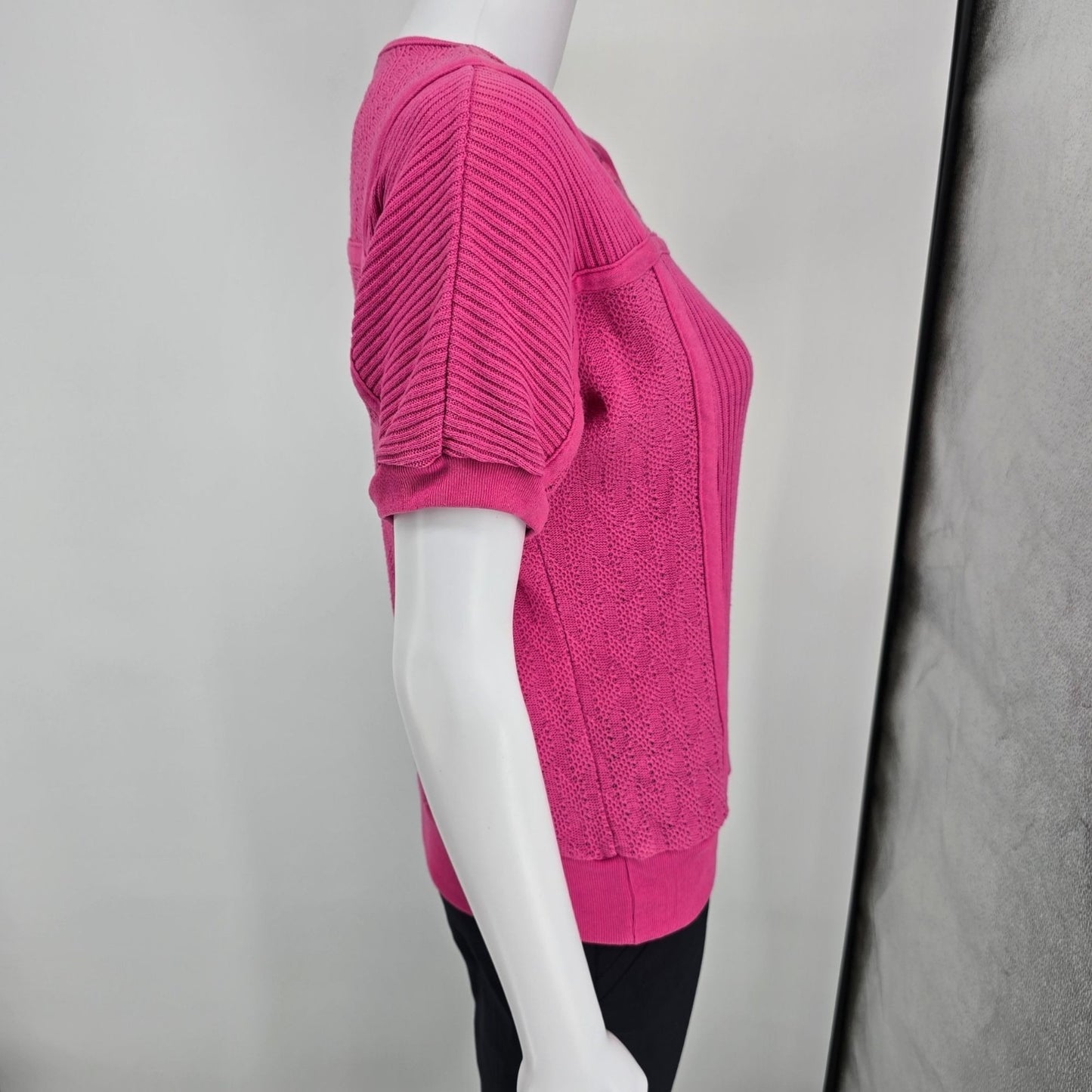 Vintage 1980s Presentation Pink Mixed Knit Short Sleeve Pullover Top (M)