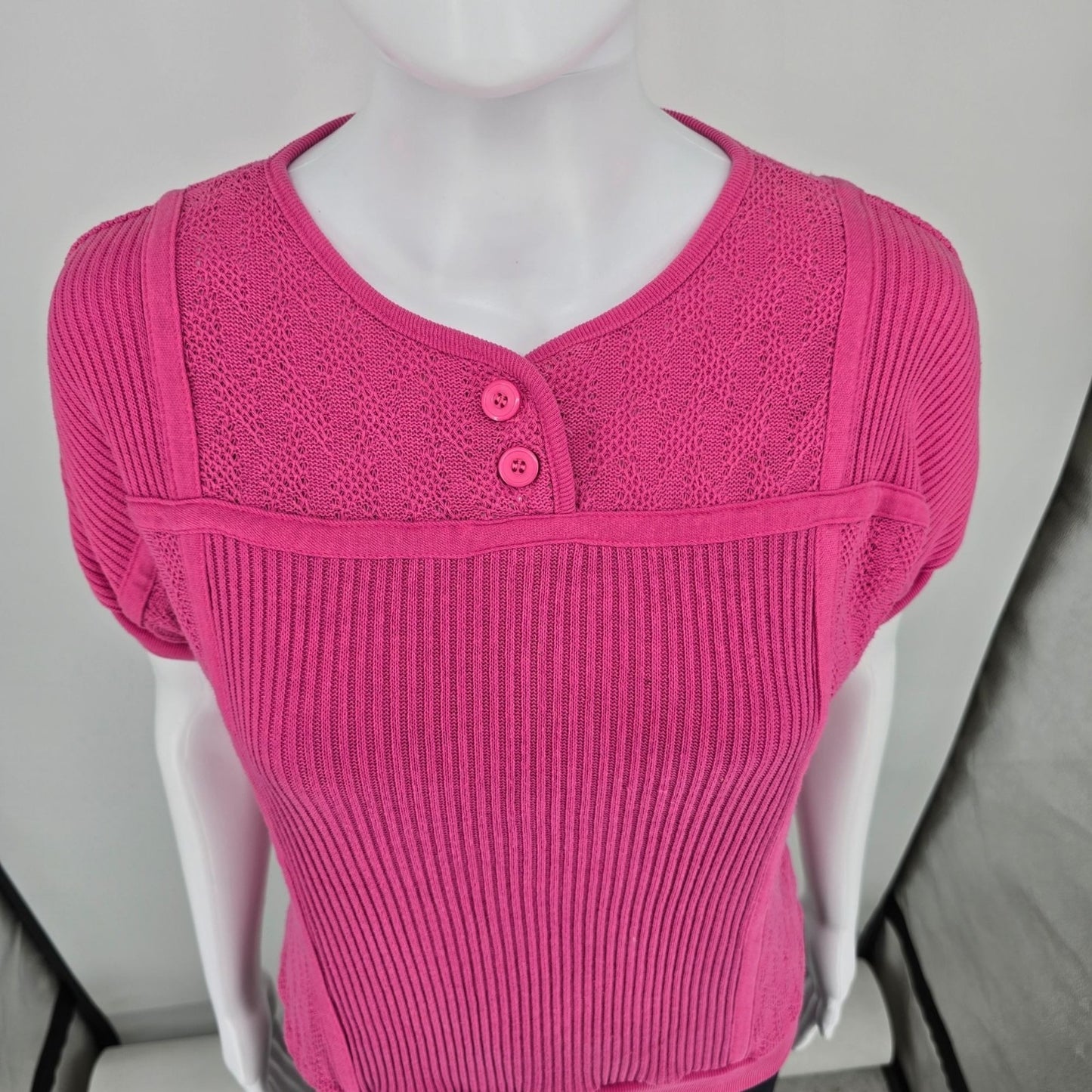 Vintage 1980s Presentation Pink Mixed Knit Short Sleeve Pullover Top (M)