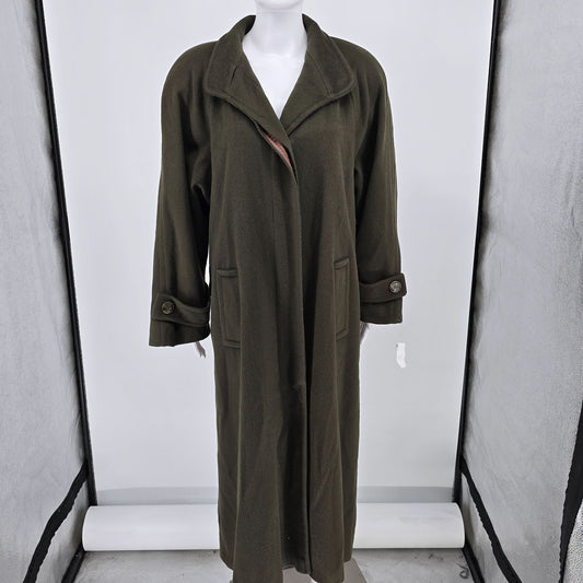 Vintage 1980s Casual Corner Oversized Wool Blend Olive Green Long Coat (Size 10)