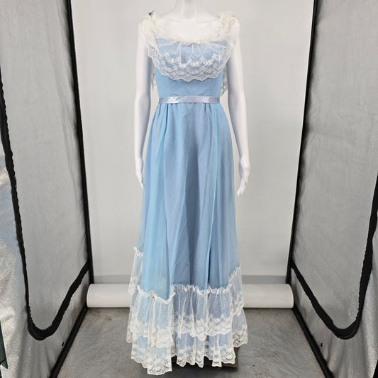 Vintage 1970s Unbranded Powder Blue Prairie Lace Maxi Dress (Size XS) *Fair