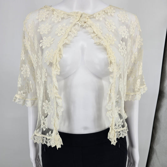 Vintage 1990s Unbranded Mesh Lace Daisy Embroidered Open Front Coverup (L) *Fair