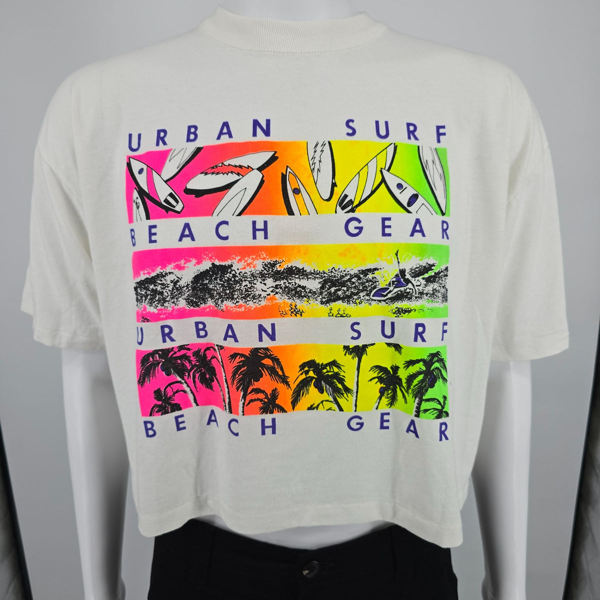 Vintage 1980s Urban Gear Urban Surf Beach Gear Cropped Neon T-Shirt (L/XL)