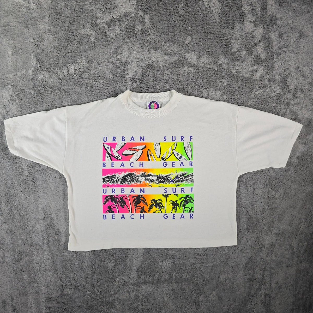 Vintage 1980s Urban Gear Urban Surf Beach Gear Cropped Neon T-Shirt (L/XL)