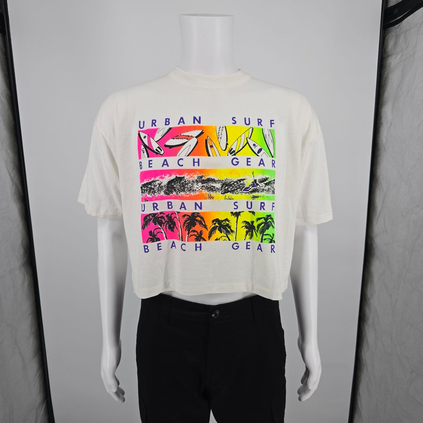 Vintage 1980s Urban Gear Urban Surf Beach Gear Cropped Neon T-Shirt (L/XL)