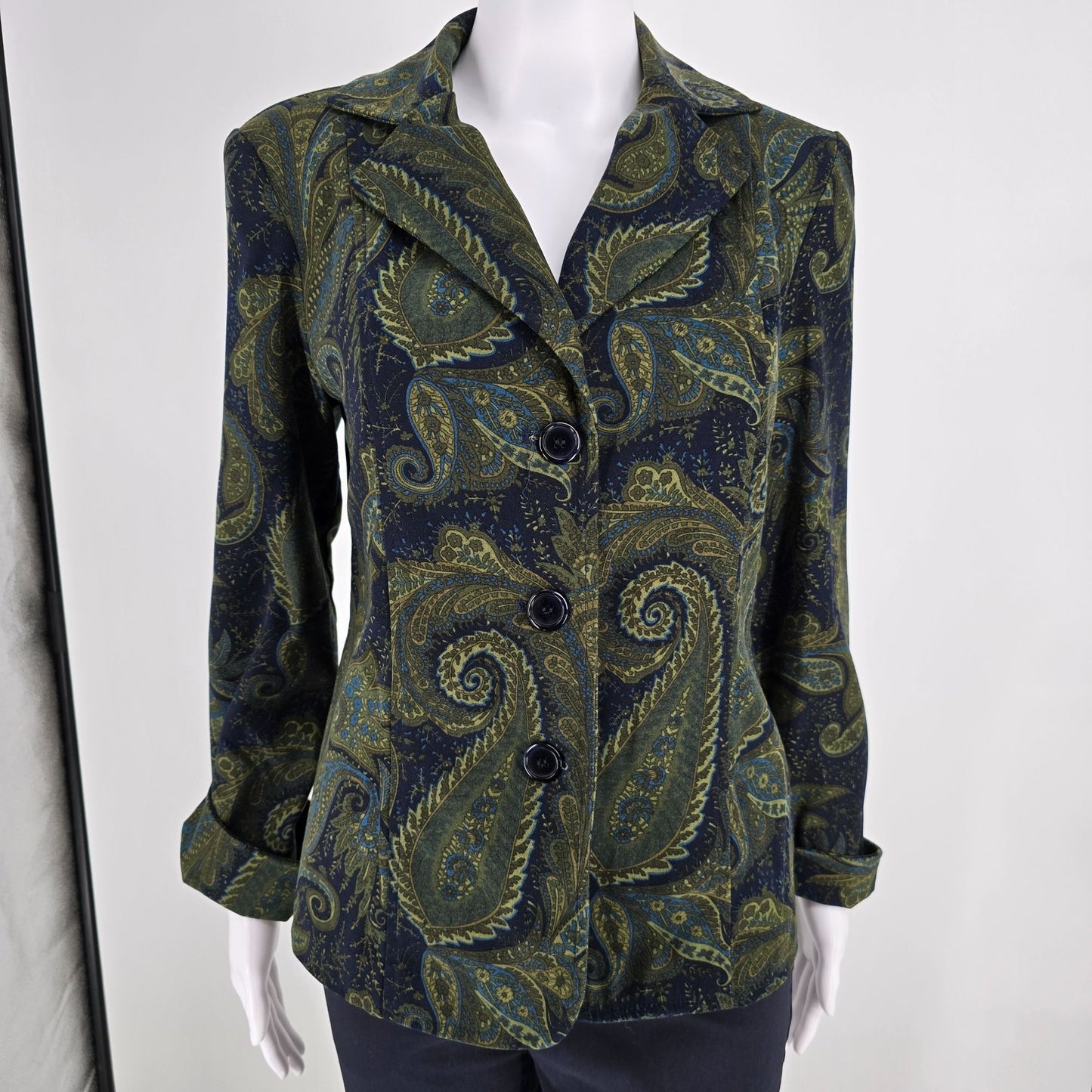 2000s Harvé Benard Women's Navy & Olive Paisley Print Blazer Jacket (Small)