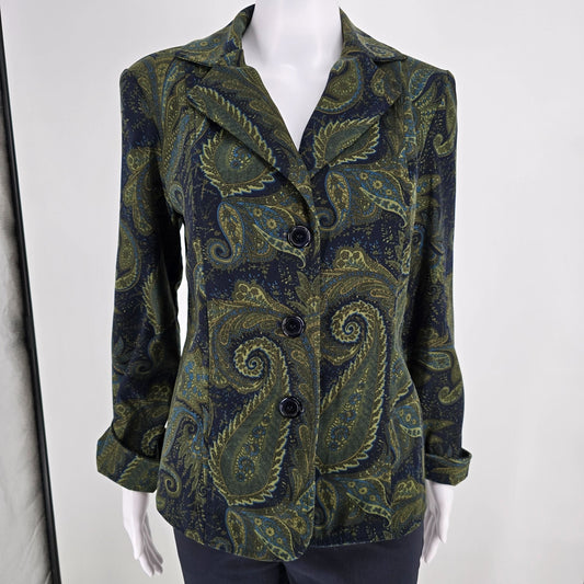 2000s Harvé Benard Women's Navy & Olive Paisley Print Blazer Jacket (Small)