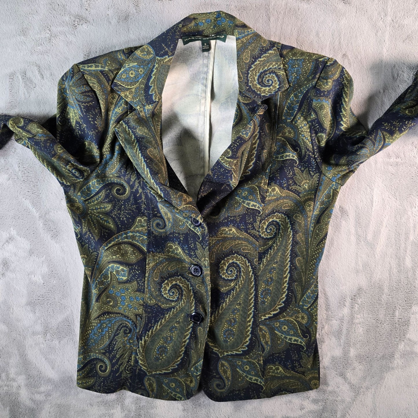 2000s Harvé Benard Women's Navy & Olive Paisley Print Blazer Jacket (Small)